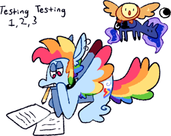 Size: 1280x1018 | Tagged: safe, artist:goatpaste, owlowiscious, princess luna, rainbow dash, alicorn, bird, owl, pegasus, pony, g4, season 4, testing testing 1-2-3, alternate design, carrying, choker, colored wings, colored wingtips, ear piercing, earring, ethereal mane, ethereal tail, female, flying, gritted teeth, jewelry, male, mare, moon, mouth hold, paper, pencil, piercing, simple background, spiked choker, spread wings, tail, teeth, trio, white background, wings