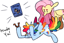 Size: 1280x860 | Tagged: safe, artist:goatpaste, fluttershy, rainbow dash, pegasus, pony, g4, season 4, trade ya!, book, colored wings, colored wingtips, crying, daring do book, duo, duo female, emanata, eyes closed, female, frown, horseshoes, looking at someone, lying down, mare, simple background, spread wings, white background, wings