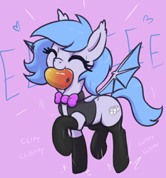 Size: 1960x2100 | Tagged: safe, artist:t72b, oc, oc only, oc:lucky roll, bat pony, pony, bat pony oc, bat wings, bowtie, clothes, cute, ear tufts, eeee, eyes closed, fangs, female, food, happy, heart, herbivore, high res, mango, mare, mouth hold, nom, ocbetes, onomatopoeia, prancing, raised hoof, simple background, smiling, socks, solo, spread wings, trotting, trotting in place, vest, wings