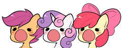 Size: 2086x816 | Tagged: safe, artist:arwencuack, apple bloom, scootaloo, sweetie belle, pegasus, pony, unicorn, g4, blushing, bow, chibi, cute, cute little fangs, cutie mark crusaders, ear fluff, fangs, hair bow, open mouth, simple background, white background