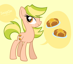 Size: 2300x2000 | Tagged: safe, artist:looji, oc, oc only, oc:golden syrup, earth pony, pony, cutie mark, female, freckles, high res, mare, reference sheet, show accurate, signature, simple background, smiling, solo, speech bubble, standing, text, yellow background