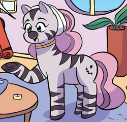 Size: 760x730 | Tagged: safe, idw, official comic, mariama, zebra, g5, spoiler:comic, spoiler:g5comic, spoiler:g5comic14, candle, female, hoof heart, indoors, neck rings, open mouth, potted plant, raised hoof, solo, table, tail, underhoof, unshorn fetlocks, window