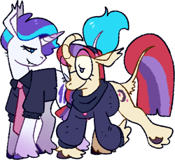 Size: 1280x1169 | Tagged: safe, artist:goatpaste, glory, moondancer, pony, unicorn, g1, g4, clothes, colored hooves, curved horn, duo, ear tufts, female, glasses, horn, leonine tail, lesbian, mare, necktie, round glasses, ship:glorydancer, shipping, shirt, simple background, sweater, tail, tail fluff, unshorn fetlocks, white background