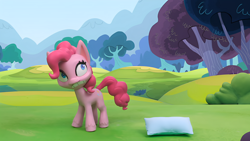 Size: 1920x1080 | Tagged: safe, edit, edited screencap, screencap, pinkie pie, earth pony, pony, g4, g4.5, my little pony: stop motion short, pillow fight (short), cute, nervous, pillow, solo