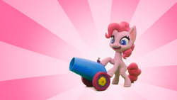 Size: 1920x1080 | Tagged: safe, edit, edited screencap, screencap, pinkie pie, earth pony, pony, g4, g4.5, my little pony: stop motion short, pillow fight (short), bipedal, cute, female, mare, party cannon, pink, smiling, solo