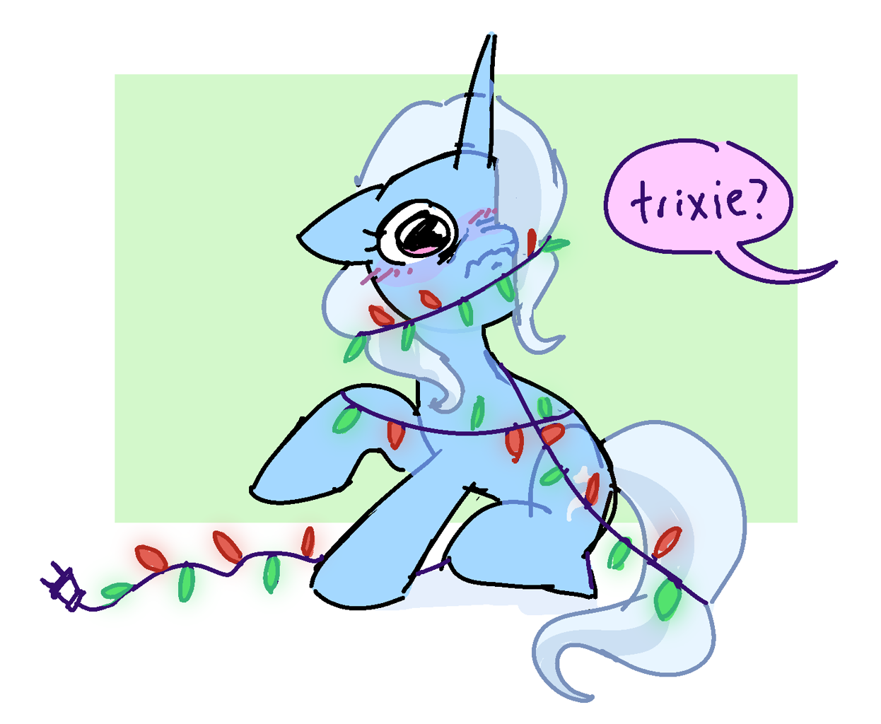 [about to cry,blushing,christmas,christmas lights,cute,female,floppy ears,frown,g4,holiday,mare,pony,safe,simple background,sitting,solo,trixie,unicorn,white background,tangled up,adorable distress,offscreen character,wavy mouth,hair over one eye,implied starlight glimmer,blush lines,artist:syrupyyy,passepartout]