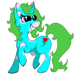 Size: 1500x1500 | Tagged: safe, artist:akscythe, oc, oc only, oc:ezmerelda rosegarden, unicorn, blue eyes, curved horn, flower, green hair, horn, horseshoes, long eyelashes, multicolored coat, rose, simple background, smiling, solo, transparent background