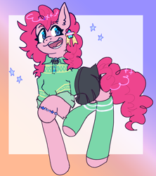 Size: 1722x1941 | Tagged: safe, artist:xxangelgutzxx, pinkie pie, earth pony, pony, g4, blue eyes, bracelet, clothes, curly hair, curly tail, ear fluff, eyelashes, gradient background, hair ribbon, jewelry, open mouth, pink coat, pink hair, pink tail, polo shirt, pride, pride flag, ribbon, shirt, skirt, socks, solo, stars, tail, transgender pride flag