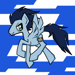 Size: 1024x1024 | Tagged: safe, artist:acura, soarin', pegasus, pony, g4, blue background, blue mane, cloud, cloudy, male, simple background, sky background, solo, spread wings, stallion, wings