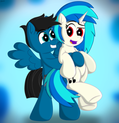 Size: 6422x6600 | Tagged: safe, artist:agkandphotomaker2000, dj pon-3, vinyl scratch, oc, oc:pony video maker, pegasus, pony, unicorn, g4, belly, bipedal, canon x oc, female, hug, looking at each other, looking at someone, male, red eyes, remake, shipping, spread wings, straight, videoscratch, wings