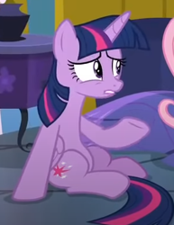 Size: 302x391 | Tagged: safe, screencap, twilight sparkle, alicorn, pony, a health of information, g4, belly, cropped, folded wings, frown, round belly, sitting, solo, twilight sparkle (alicorn), underhoof, wings