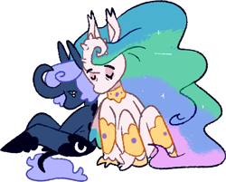 Size: 1688x1359 | Tagged: safe, artist:goatpaste, princess celestia, princess luna, alicorn, pony, anthro, unguligrade anthro, g4, crying, curling horn, curved horn, duo, female, horn, s1 luna, siblings, simple background, sisters, spiked horn, white background
