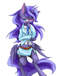 Size: 1200x1600 | Tagged: safe, alternate version, artist:azurepicker, princess luna, alicorn, pony, g4, belly, belly button, belt, bipedal, blushing, butt wings, clothes, female, hoof on chin, mare, midriff, necktie, one ear down, one eye closed, side slit, simple background, skirt, skirt suit, solo, suit, white background, wings