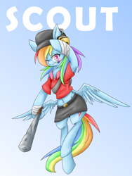 Size: 1200x1600 | Tagged: safe, artist:azurepicker, rainbow dash, pegasus, pony, g4, baseball bat, belly, belly button, clothes, female, flying, gradient background, grin, headset, hoof hold, mare, midriff, one eye closed, ponified, scout (tf2), skirt, smiling, solo, team fortress 2, wink