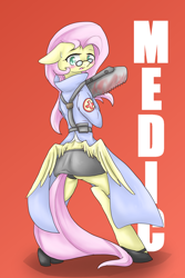Size: 1000x1500 | Tagged: safe, artist:azurepicker, fluttershy, pegasus, pony, g4, bipedal, blushing, bonesaw, butt, butt wings, clothes, female, glasses, gradient background, high heels, looking back, mare, medic, medic (tf2), plot, ponified, shoes, skirt, solo, team fortress 2, underwear, wings
