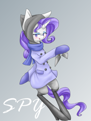 Size: 1200x1600 | Tagged: safe, artist:azurepicker, rarity, pony, unicorn, semi-anthro, g4, bipedal, blushing, clothes, female, gradient background, high heels, hood, hoof hold, kunai, licking, licking lips, mare, ponified, scarf, shoes, simple background, socks, solo, spy, spy (tf2), team fortress 2, tongue out