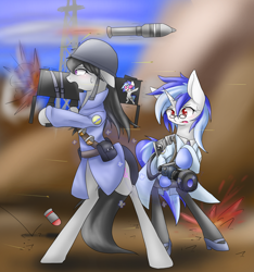 Size: 1500x1600 | Tagged: safe, artist:azurepicker, dj pon-3, octavia melody, vinyl scratch, earth pony, pony, unicorn, g4, bipedal, clothes, duo, female, high heels, hoof hold, mare, medic, medic (tf2), medigun, ponified, rocket launcher, shoes, soldier, soldier (tf2), team fortress 2, weapon