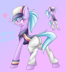 Size: 1200x1300 | Tagged: safe, artist:azurepicker, azure velour, earth pony, pony, g4, bipedal, butt, clothes, dock, female, gradient background, hat, heart, looking at you, looking back, looking back at you, mare, one ear down, open mouth, open smile, pants, plot, simple background, smiling, tail