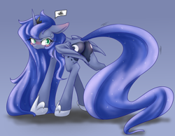 Size: 1800x1400 | Tagged: safe, artist:azurepicker, princess luna, alicorn, pony, g4, blushing, both cutie marks, butt, butt blush, covering, dock, ethereal mane, ethereal tail, featureless crotch, female, gradient background, long legs, long mane, long tail, mare, moonbutt, pictogram, plot, simple background, slender, solo, tail, thin, wing covering, wings