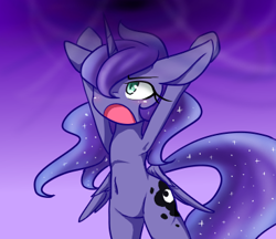 Size: 370x320 | Tagged: safe, artist:azurepicker, princess luna, alicorn, pony, semi-anthro, g4, angry, armpits, belly, belly button, bipedal, chibi, cute, d:, female, hair over one eye, hooves in air, mare, open mouth, ribcage, solo, standing
