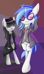 Size: 1600x2650 | Tagged: safe, artist:azurepicker, dj pon-3, octavia melody, vinyl scratch, earth pony, pony, unicorn, g4, abstract background, bipedal, clothes, duo, fedora, female, hat, high res, mare, necktie, pose, suit, trenchcoat, unamused