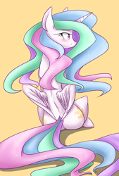 Size: 1050x1550 | Tagged: safe, artist:azurepicker, princess celestia, alicorn, pony, g4, back, blushing, both cutie marks, butt, female, mare, partially open wings, plot, rear view, simple background, sitting, small wings, solo, spine, sunbutt, wings, yellow background