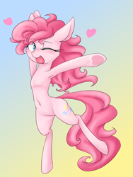 Size: 1200x1600 | Tagged: safe, artist:azurepicker, pinkie pie, earth pony, pony, g4, armpits, belly, belly button, bipedal, cute, cute little fangs, diapinkes, fangs, female, gradient background, heart, mare, one eye closed, open mouth, open smile, smiling, solo, standing, standing on one leg, underhoof, wink