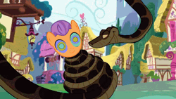 Size: 1280x720 | Tagged: safe, artist:ocean lover, tender taps, earth pony, python, snake, g4, animated, cloud, cloudy, coils, colt, crossover, disney, duo, foal, gif, houses, hypno eyes, hypnosis, hypnotized, kaa, kaa eyes, laughing, lifting, male, outdoors, ponyville, purple mane, smiling, swirly eyes, well, wrapped snugly, wrapped up, youtube link