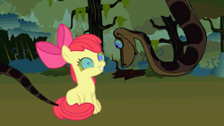 Size: 1920x1080 | Tagged: safe, artist:ocean lover, edit, vector edit, apple bloom, earth pony, python, snake, g4, animated, apple bloom's bow, bow, coiling, coils, crossover, disney, everfree forest, female, filly, foal, forest, forest background, gif, hair bow, hypno eyes, hypnosis, hypnotized, kaa, kaa eyes, looking at each other, looking at someone, nature, red mane, smiling, swirly eyes, the jungle book, tree, vector, wrapping, youtube link