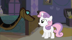Size: 1920x1080 | Tagged: safe, artist:ocean lover, edit, vector edit, sweetie belle, python, snake, unicorn, g4, animated, bed, blinking, crossover, disney, female, filly, foal, gif, green eyes, hypno eyes, hypnosis, hypnotized, kaa, kaa eyes, looking at you, room, smiling, starry background, swirly eyes, the jungle book, two toned mane, vector, youtube link