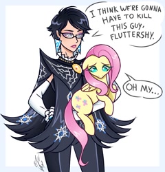 Size: 891x930 | Tagged: safe, artist:j.v_draws, fluttershy, human, pegasus, pony, g4, bayonetta, bayonetta (character), crossover, dialogue, duo, duo female, female, floppy ears, holding a pony, i think we're gonna have to kill this guy, mare, meme, oh my, simple background, witch