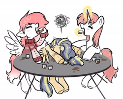 Size: 2240x1801 | Tagged: safe, artist:opalacorn, oc, oc only, pegasus, pony, unicorn, drink, drinking, eyes closed, face down, glowing, glowing horn, horn, levitation, magic, maple syrup, simple background, syrup, table, telekinesis, this will end in diabetes, trio, white background