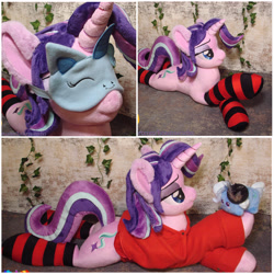 Size: 2560x2560 | Tagged: safe, artist:1stastrastudio, starlight glimmer, pony, g4, clothes, high res, hoodie, irl, lying down, photo, plushie, prone, socks, solo, striped socks