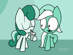 Size: 1920x1441 | Tagged: safe, artist:greenhoof, bon bon, lyra heartstrings, sweetie drops, earth pony, pony, unicorn, comic:silly lyra, g4, comic, drink, drinking, duo, role reversal, silly, silly lyra, style emulation, vector