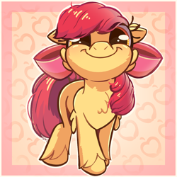 Size: 1080x1080 | Tagged: safe, artist:candy meow, apple bloom, earth pony, pony, g4, abstract background, adorabloom, apple bloom's bow, blank flank, bow, cheek fluff, chest fluff, cute, ear fluff, faic, female, filly, foal, hair bow, leg fluff, looking at you, smiling, smiling at you, solo, unshorn fetlocks