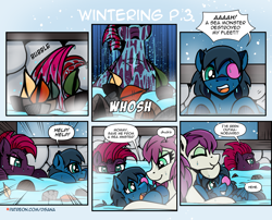 Size: 3508x2834 | Tagged: safe, artist:dsana, fizzlepop berrytwist, tempest shadow, oc, oc:lullaby dusk, oc:thistledown, earth pony, pegasus, pony, unicorn, comic:a storm's lullaby, g4, high res, playing, water