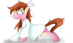 Size: 800x480 | Tagged: safe, artist:azurepicker, earth pony, human, pony, all fours, clothes, crying, dress, exclamation point, human to pony, interrobang, mid-transformation, question mark, simple background, speech bubble, teary eyes, transformation, white background