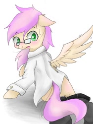 Size: 480x640 | Tagged: safe, artist:azurepicker, human, pegasus, pony, clothes, female, floppy ears, glasses, human to pony, looking back, mare, pants, ripping clothes, shirt, simple background, sitting, transformation, white background