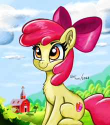 Size: 2480x2817 | Tagged: safe, artist:user-fox, apple bloom, earth pony, pony, g4, apple bloom's bow, barn, bow, chest fluff, cloud, cute, cutie mark crusaders, day, ear fluff, farm, female, filly, foal, grass, hair bow, high res, looking at you, outdoors, signature, sitting, smiling