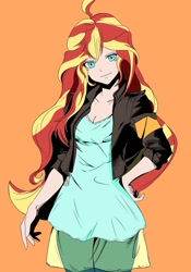 Size: 1668x2388 | Tagged: safe, artist:绮丽月虹, part of a set, sunset shimmer, human, g4, breasts, cleavage, clothes, equestria girls outfit, female, humanized, light skin, looking at you, orange background, simple background, smiling, smiling at you, solo