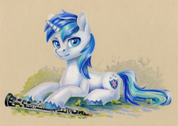 Size: 1415x1000 | Tagged: safe, artist:maytee, shining armor, pony, unicorn, g4, colored pencil drawing, looking at you, lying down, male, musical instrument, oboe, prone, solo, stallion, traditional art, unshorn fetlocks