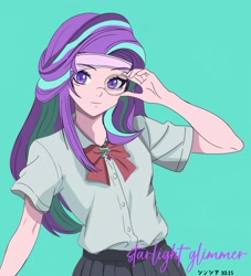 Size: 2000x2206 | Tagged: safe, artist:绮丽月虹, part of a set, starlight glimmer, human, g4, blue background, cyan background, female, high res, humanized, light skin, looking at you, simple background, solo