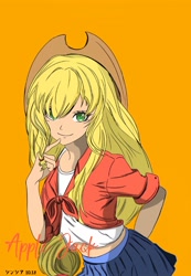 Size: 2000x2889 | Tagged: safe, artist:绮丽月虹, part of a set, applejack, human, g4, female, high res, humanized, light skin, orange background, simple background, solo