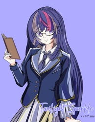 Size: 1846x2374 | Tagged: safe, artist:绮丽月虹, part of a set, twilight sparkle, human, g4, book, female, glasses, humanized, light skin, necktie, solo, violet background