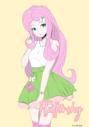 Size: 1668x2388 | Tagged: safe, artist:绮丽月虹, part of a set, fluttershy, human, g4, clothes, equestria girls outfit, female, humanized, light skin, simple background, solo, yellow background