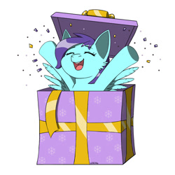 Size: 2000x2000 | Tagged: safe, artist:erein, oc, oc only, oc:breeze, pegasus, pony, box, christmas, colored, commission, cute, ears up, eyes closed, female, flat colors, happy, high res, holiday, parents:canon x oc, pegasus oc, pony in a box, present, simple background, smiling, solo, spread wings, white background, wings