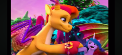 Size: 1600x720 | Tagged: safe, screencap, izzy moonbow, leaf (g5), luxxe, dragon, pony, unicorn, g5, my little pony: make your mark, my little pony: make your mark chapter 6, the isle of scaly, spoiler:g5, spoiler:my little pony: make your mark, spoiler:my little pony: make your mark chapter 6, spoiler:mymc06e01, cute, dragoness, female, male, the isle of scaly (location)