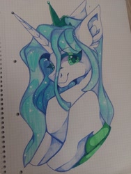 Size: 1536x2048 | Tagged: safe, artist:tessa_key_, queen chrysalis, changedling, changeling, g4, bust, changedling queen, graph paper, looking at you, purified chrysalis, smiling, smiling at you, solo, traditional art, what if