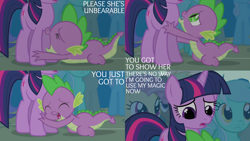 Size: 2000x1125 | Tagged: safe, edit, edited screencap, editor:quoterific, screencap, candy mane, lyra heartstrings, spike, twilight sparkle, pony, unicorn, boast busters, g4, my little pony: friendship is magic, background pony, unicorn twilight