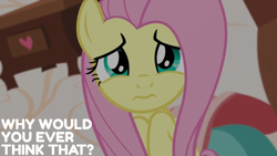 Size: 1920x1080 | Tagged: safe, edit, edited screencap, editor:quoterific, screencap, fluttershy, discordant harmony, g4, my little pony: friendship is magic, discord's house, question mark, sad, solo